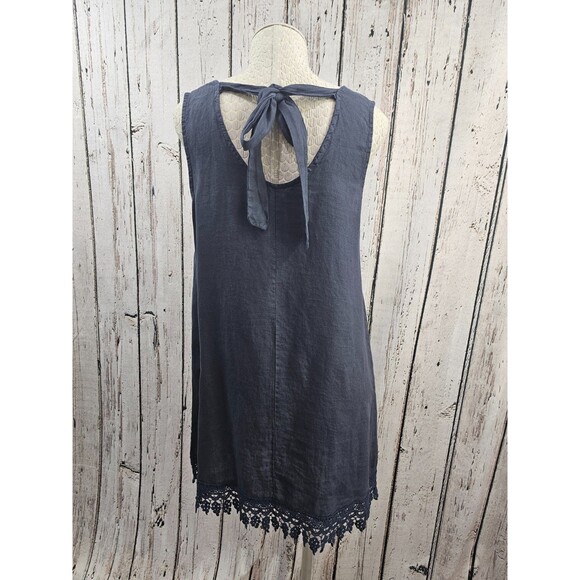 ALK Women's XS Rosemarine Navy Blue Crochet Hem 100% Linen Tie Back Shift Dress - Picture 4 of 6